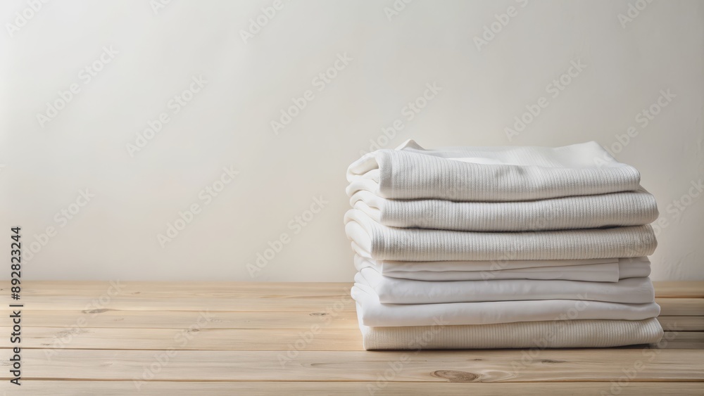 Stack of White Clothes on a Wooden Table, minimal, clean, white, simplicity, texture , clean Stack of White Clothes on a Wooden Table, minimal, clean, white, simplicity, texture , clean