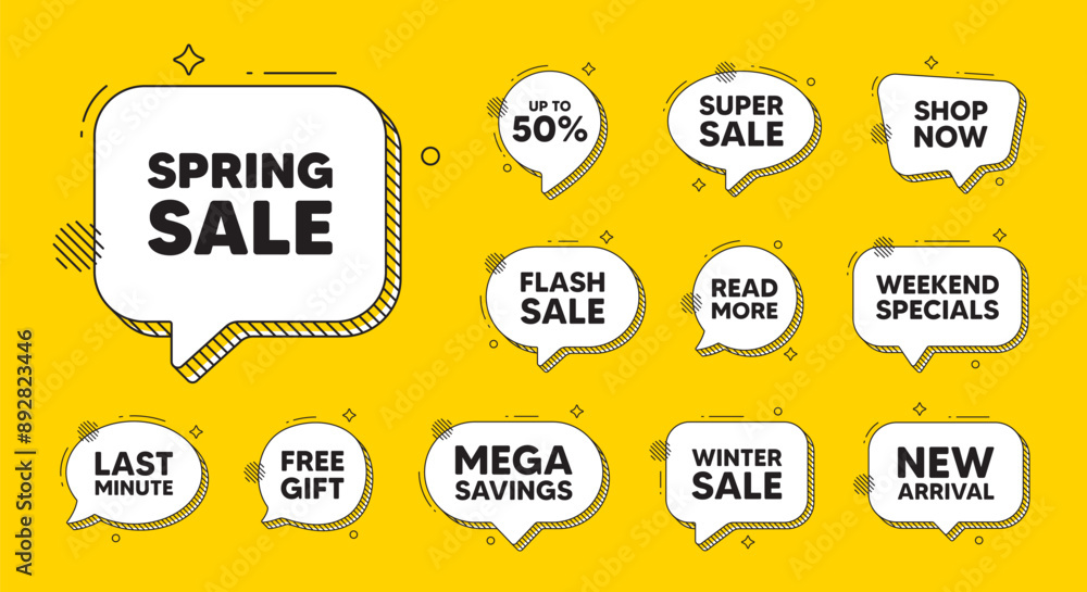 Obraz premium Offer speech bubble icons. Spring Sale tag. Special offer price sign. Advertising Discounts symbol. Spring sale chat offer. Speech bubble discount banner. Text box balloon. Vector