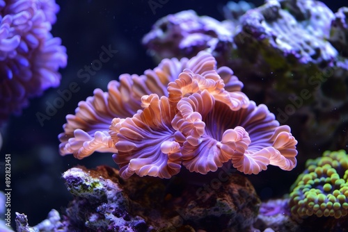 Closeup of colorful coral formations in an aquarium with a blurred marine background