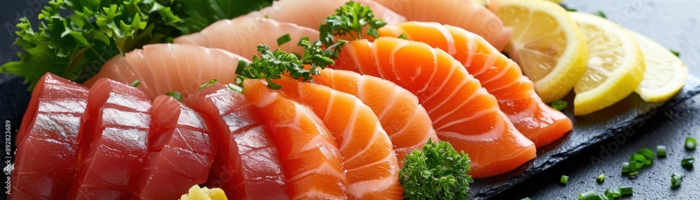 A close-up of a beautifully arranged sashimi platter, featuring vibrant slices of salmon, tuna, and yellowtail, garnished with fresh herbs and lemon slices A close-up of a beautifully arranged sashimi platter, featuring vibrant slices of salmon, tuna, and yellowtail, garnished with fresh herbs and lemon slices