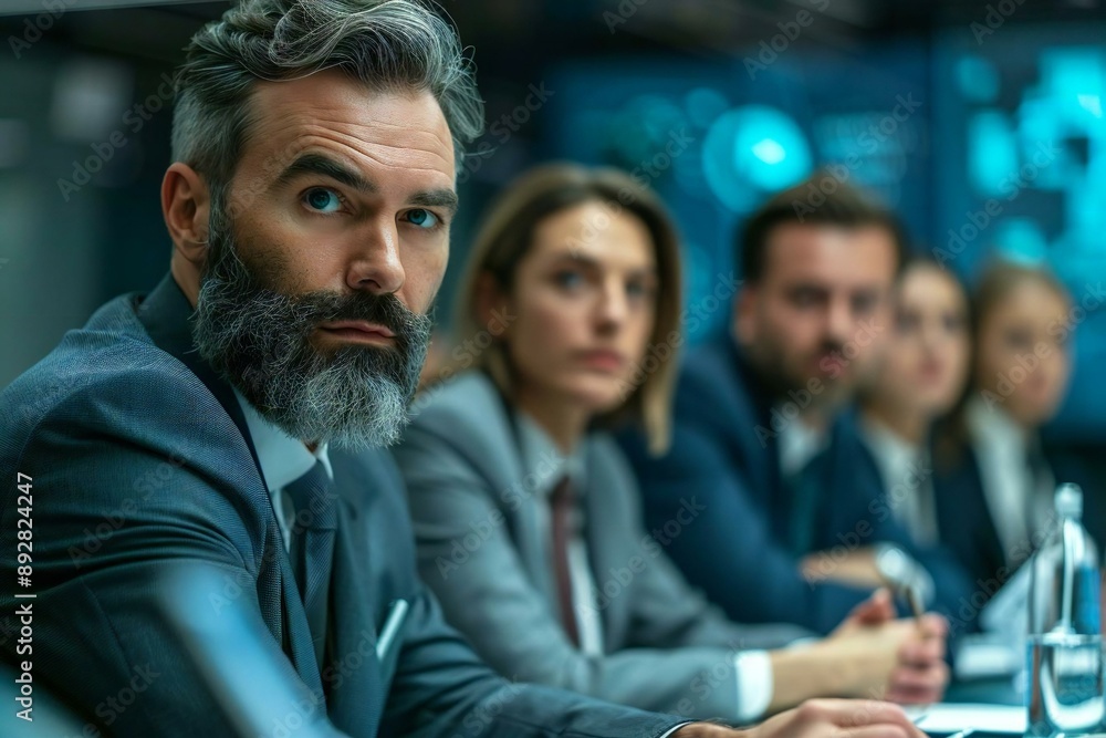 Futuristic holographic screens and AI technology are used as a group of beautiful businesspeople engage in a heated conflict Futuristic holographic screens and AI technology are used as a group of beautiful businesspeople engage in a heated conflict