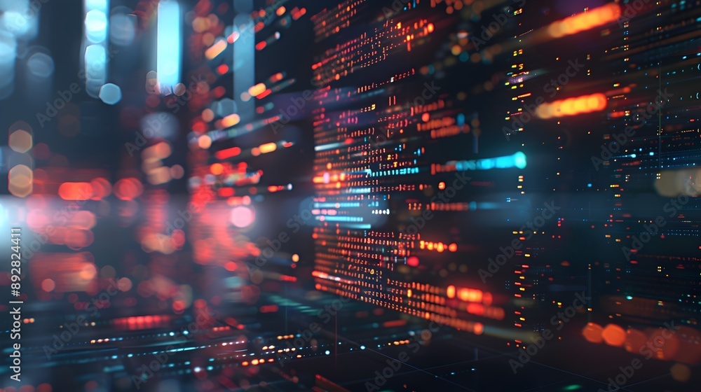 Fototapeta premium A computer screen with a lot of numbers and lines. The image is blurry and has a lot of colors.