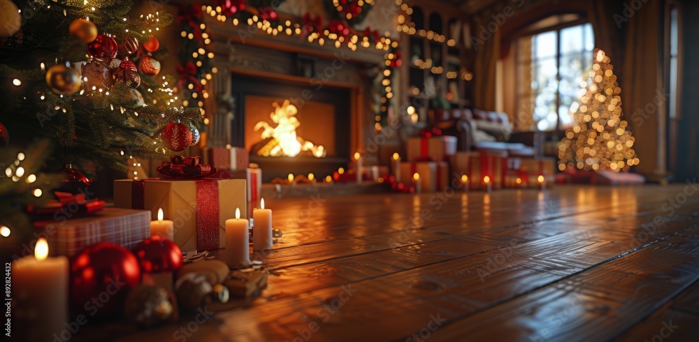 Christmas Decor and Fireplace With Candles on Wooden Floor Christmas Decor and Fireplace With Candles on Wooden Floor