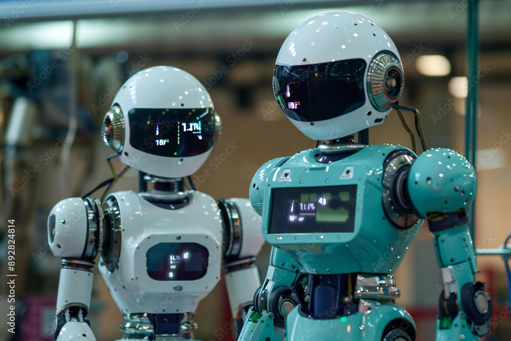 male and female robots displaying holographic screens of the woman's weight stats on the scale. male and female robots displaying holographic screens of the woman's weight stats on the scale.