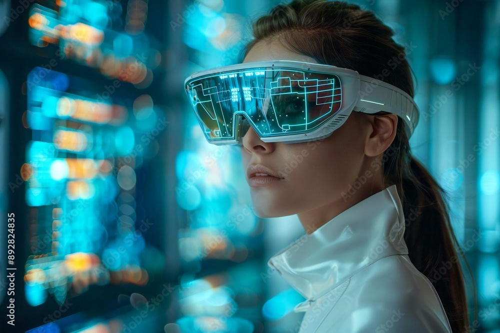 Woman with lordosis and normal curvature wearing holographic glasses, standing confidently against a futuristic digital screen background. Woman with lordosis and normal curvature wearing holographic glasses, standing confidently against a futuristic digital screen background.