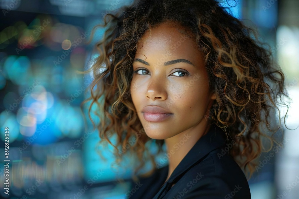 Close-up of a beautiful African American businesswoman with holographic screens displaying AI-generated financial data in the background. Close-up of a beautiful African American businesswoman with holographic screens displaying AI-generated financial data in the background.