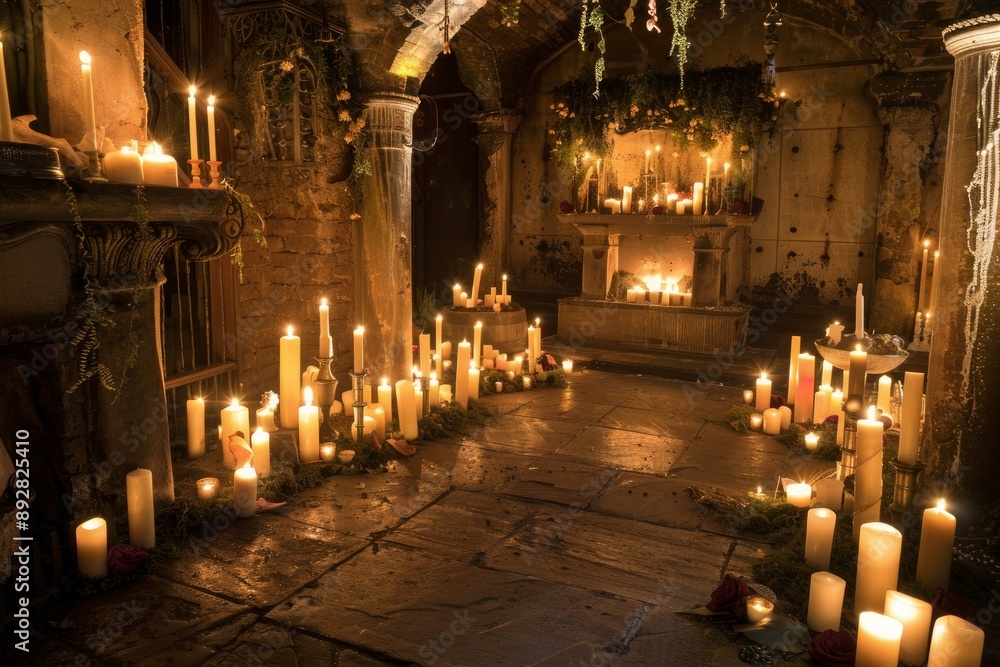 Warm glow fills an old stone chamber adorned with candles and antique decorations Warm glow fills an old stone chamber adorned with candles and antique decorations