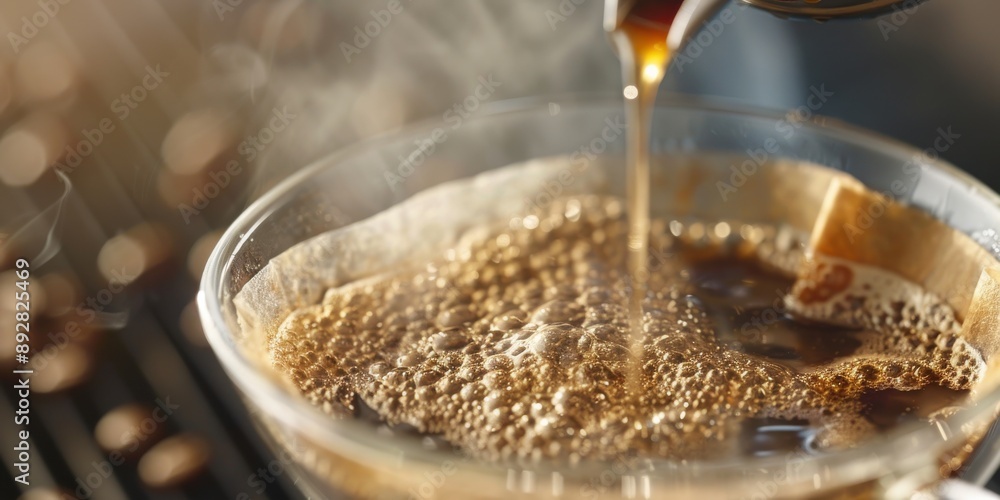 A close-up of a pour-over coffee maker, with hot water dripping through the grounds and the aroma of freshly brewed coffee A close-up of a pour-over coffee maker, with hot water dripping through the grounds and the aroma of freshly brewed coffee