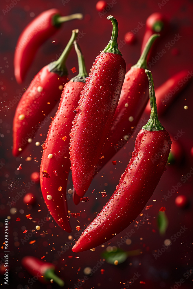 Several red peppers floating in the air on a red background Several red peppers floating in the air on a red background