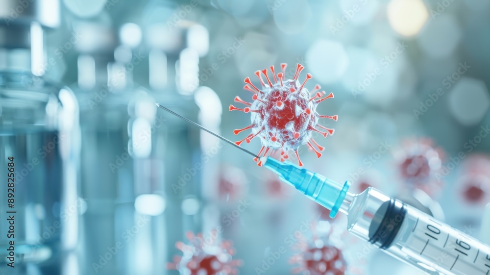 A close-up of a syringe filled with T-cells ready for injection, with a background of lab equipment A close-up of a syringe filled with T-cells ready for injection, with a background of lab equipment