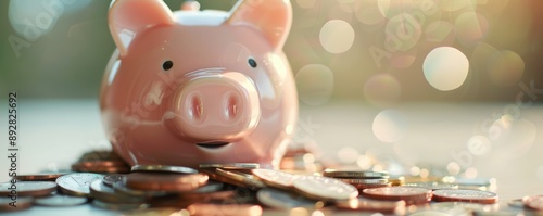 A close-up of a traditional pink piggy bank with a coin slot, surrounded by a pile of shiny coins