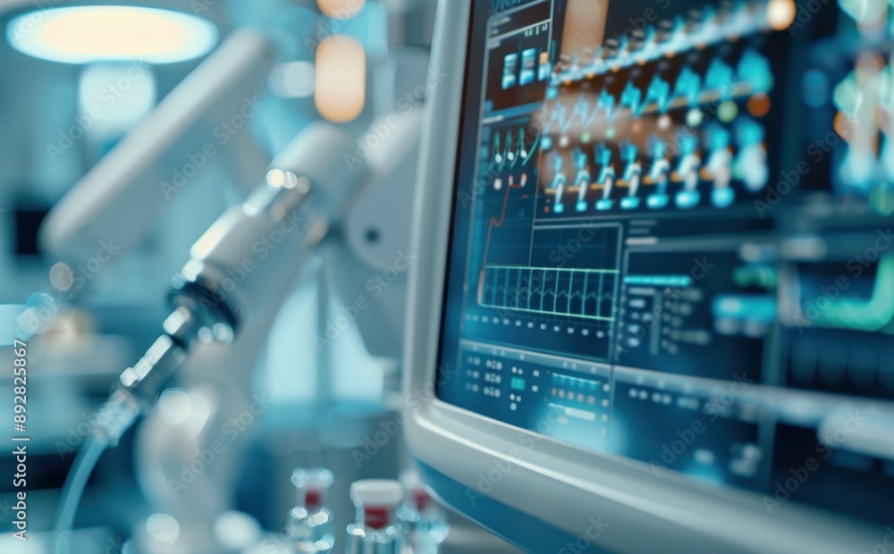 A close-up of the robotic system's interface, showing the surgeon's control panel and precise movements of the robotic arm A close-up of the robotic system's interface, showing the surgeon's control panel and precise movements of the robotic arm