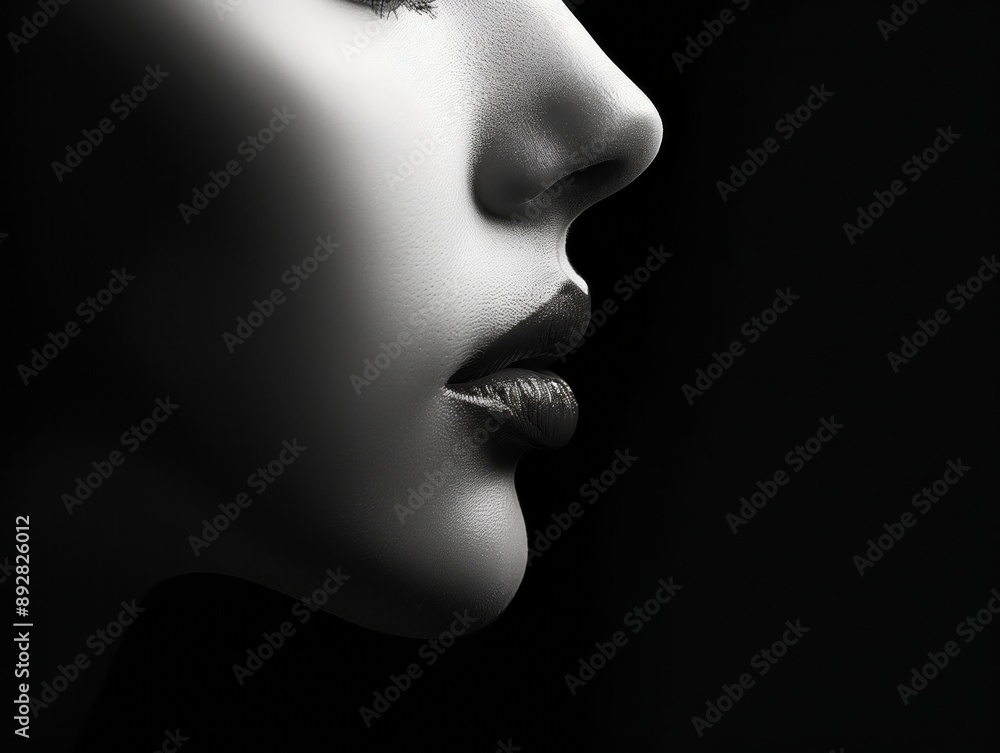 Create a minimalist black and white portrait emphasizing the contours of the face and neck. The image should have a stark contrast, highlighting the lips, nose, and chin with shadows and light. Create a minimalist black and white portrait emphasizing the contours of the face and neck. The image should have a stark contrast, highlighting the lips, nose, and chin with shadows and light.