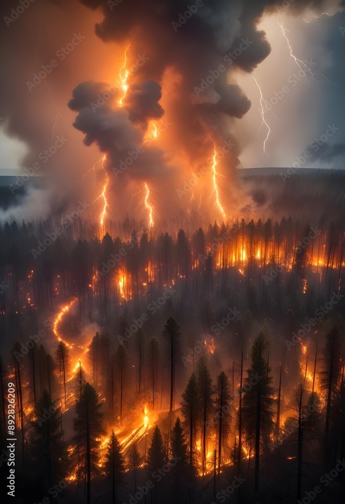 Fototapeta premium Aerial view of a forest engulfed in flames, with smoke billowing through the trees. The landscape features tall, charred trees and dense fog-like smoke, creating a dramatic contrast between the orange