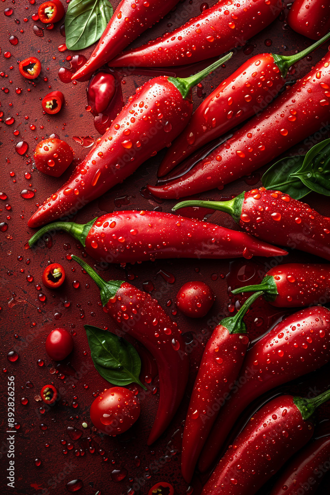 Several red peppers floating in the air on a red background Several red peppers floating in the air on a red background