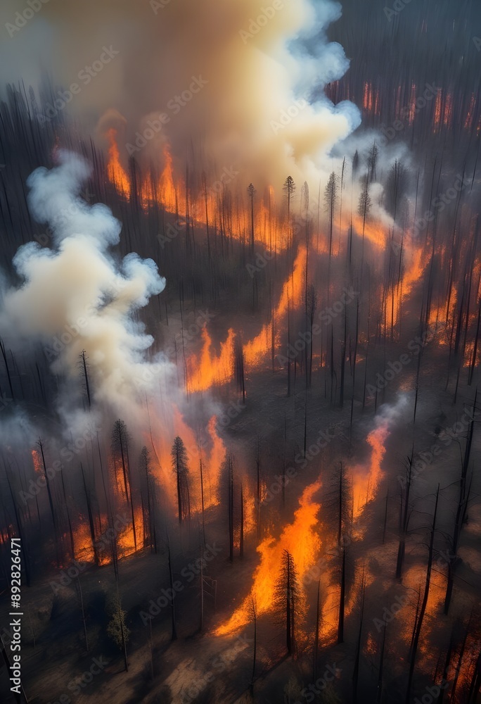 Aerial view of a forest engulfed in flames, with smoke billowing through the trees. The landscape features tall, charred trees and dense fog-like smoke, creating a dramatic contrast between the orange Aerial view of a forest engulfed in flames, with smoke billowing through the trees. The landscape features tall, charred trees and dense fog-like smoke, creating a dramatic contrast between the orange