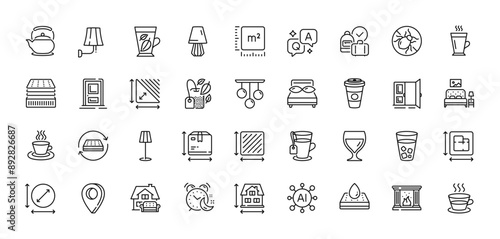 Latte, Ceiling lamp and Takeaway coffee line icons pack. AI, Question and Answer, Map pin icons. Entrance, Deluxe mattress, Waterproof mattress web icon. Open door, Tea, Wall lamp pictogram. Vector