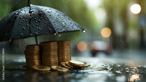 Wallpaper Mural A pile of coins sits on a wet surface under an umbrella. The umbrella is open and the coins are scattered around it. The scene has a moody and somewhat melancholic feel. Torontodigital.ca