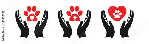 Human hand with paw first aid symbol, help and care for homeless pets vector icons