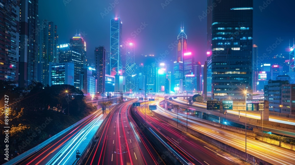 Naklejka premium Cityscape Symphony Vibrant Urban Lights and Motion Stunning Night Shot of Illuminated Skyline and Light Trails Captured with Sony Alpha 7 III for HighQuality Detail and Energy