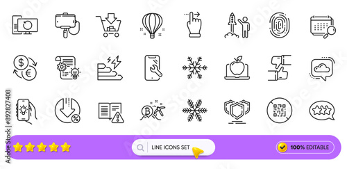 Recovery computer, Touchscreen gesture and Selfie stick line icons for web app. Pack of Like, Loan percent, Snowflake pictogram icons. Smartphone repair, Launch project, Electric app signs. Vector