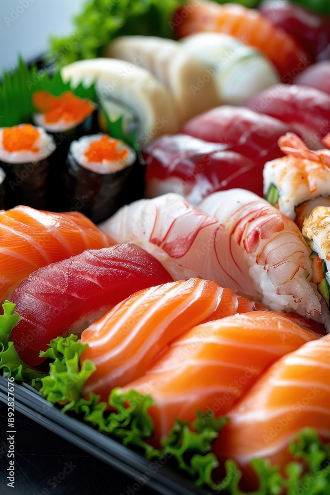 A detailed view of a sushi platter, highlighting the different textures and colors of the assorted nigiri and sashimi pieces A detailed view of a sushi platter, highlighting the different textures and colors of the assorted nigiri and sashimi pieces