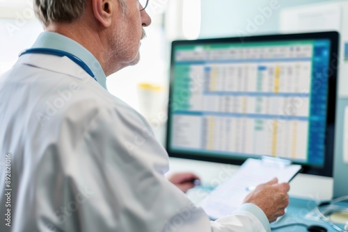 A doctor reviewing a patient's chart with advanced analytics software, highlighting personalized medicine