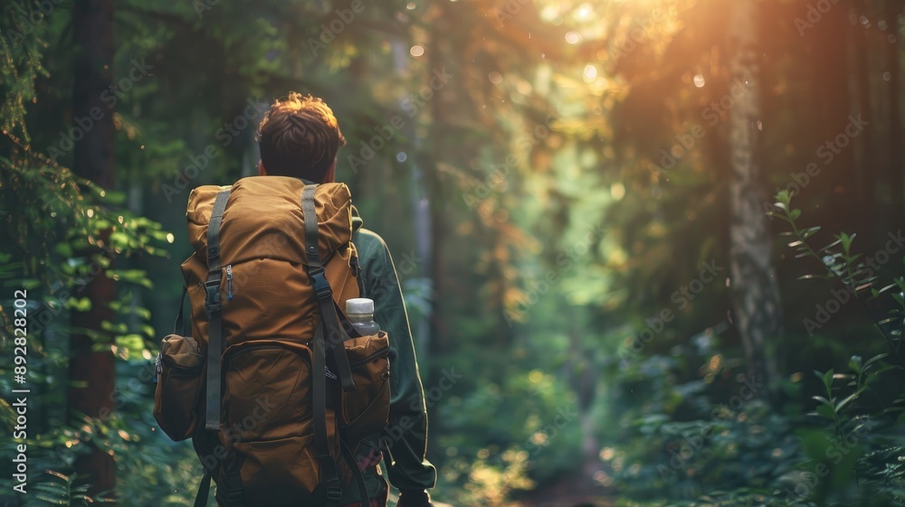 Person with backpack hiking in sunlit forest Person with backpack hiking in sunlit forest