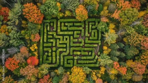 Corn maze with autumn colors. Corn maze aerial view photo