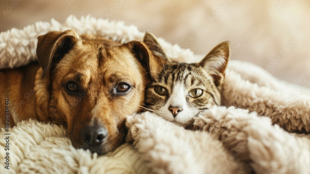 Dog and cat snuggled together under fluffy blanket Dog and cat snuggled together under fluffy blanket