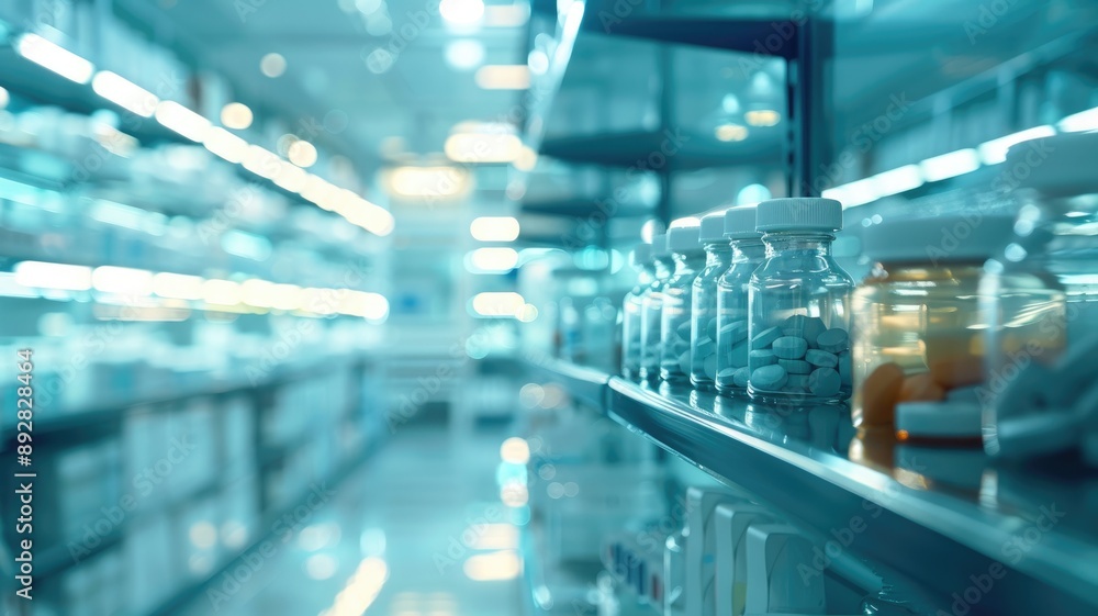 Shelves stocked with medication bottles in modern pharmacy Shelves stocked with medication bottles in modern pharmacy