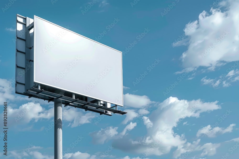 A simple blank billboard on a pole in a bright blue sky, suitable for use as a placeholder or to add context to your project A simple blank billboard on a pole in a bright blue sky, suitable for use as a placeholder or to add context to your project