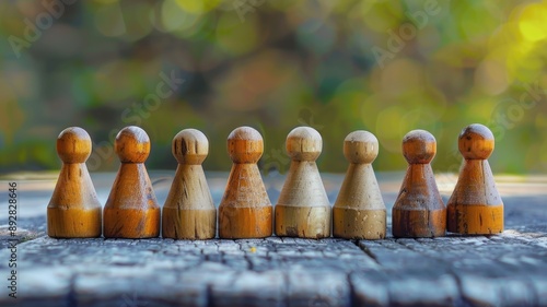 Wooden pawns lined up on table with blurred background