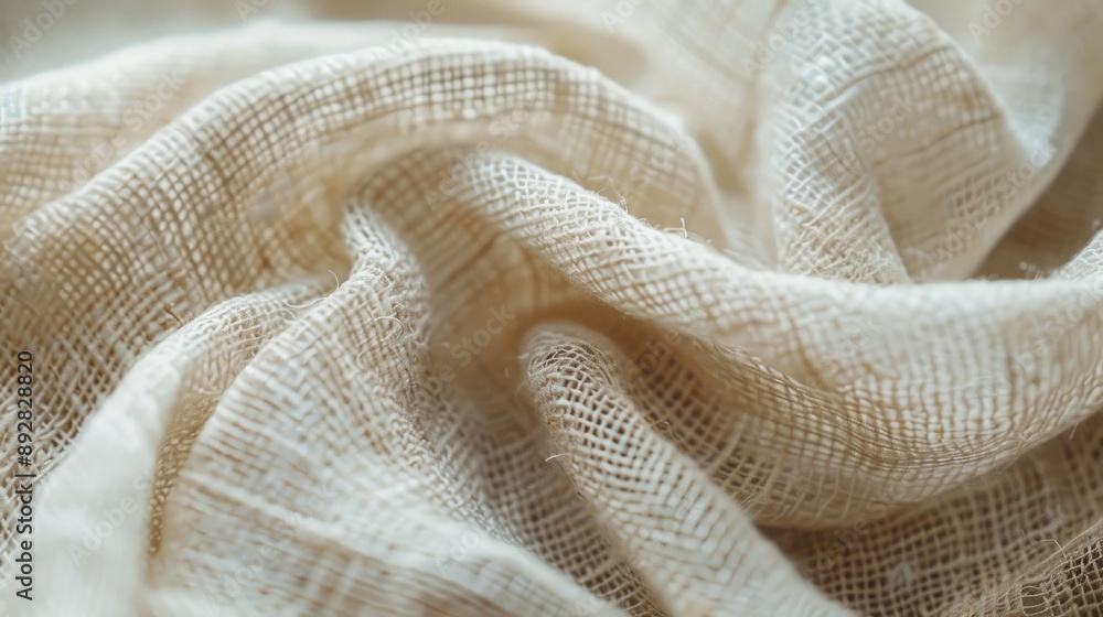 Macro close up of natural white flax linen fabric with vintage texture and beige space Macro close up of natural white flax linen fabric with vintage texture and beige space