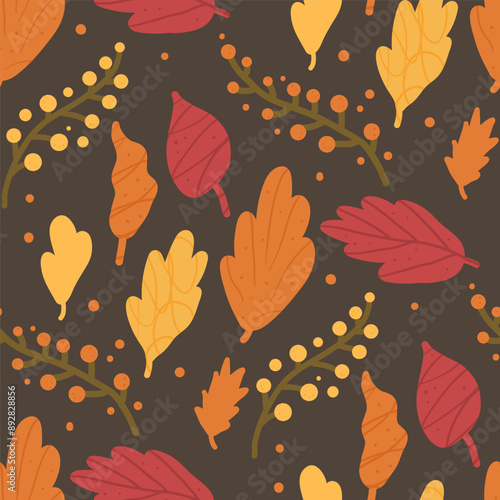 Autumn leaves and branch seamless pattern. Fall forest repeat background. Vector hand drawn illustration.
