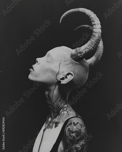 Female demon profile with impressive horns on dark background. Supernatural creatures and surreal photography concept. Black and white portrait view for poster, card, flyer