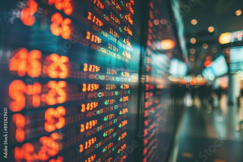 Financial Market Board: Red and green numbers flash on a large digital display, showcasing the dynamic and ever-changing nature of the global financial market. The blurred background suggests a bustli photo