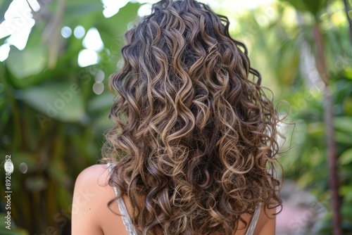 Closeup of woman's curly brown hair with vibrant green foliage background photo