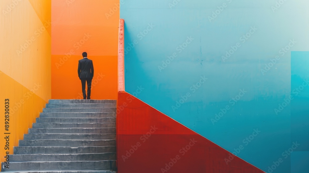 Person standing at colorful geometric intersection of stairs and walls Person standing at colorful geometric intersection of stairs and walls