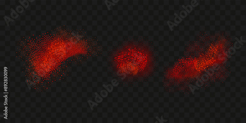 Grainy scatterings of  spicy burst . Splashes of  red pepper powder.Overlay effect chilli or paprika spice splatters. Vector realistic illustration of hot dried spice.