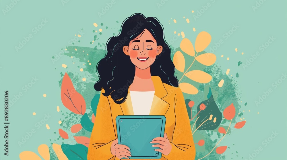 Smiling Woman With Tablet Connected and Engaged Smiling Woman With Tablet Connected and Engaged