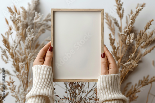 A pair of woman hands holding a light wooden vertical frame mockup 