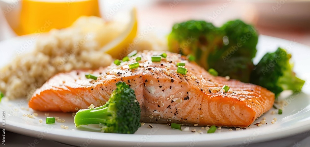 A plate of grilled salmon with a side of steamed broccoli and quinoa, highlighting the importance of healthy fats and lean proteins A plate of grilled salmon with a side of steamed broccoli and quinoa, highlighting the importance of healthy fats and lean proteins