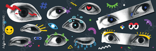 Art eyes sticker vector illustration. Retro halftone texture eye