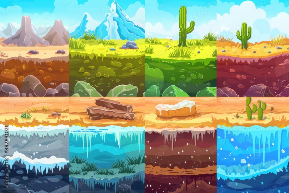 A collection of unique and colorful cartoon landscapes with diverse environments and architecture A collection of unique and colorful cartoon landscapes with diverse environments and architecture