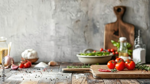 Fresh ingredients on rustic kitchen counter ready for cooking