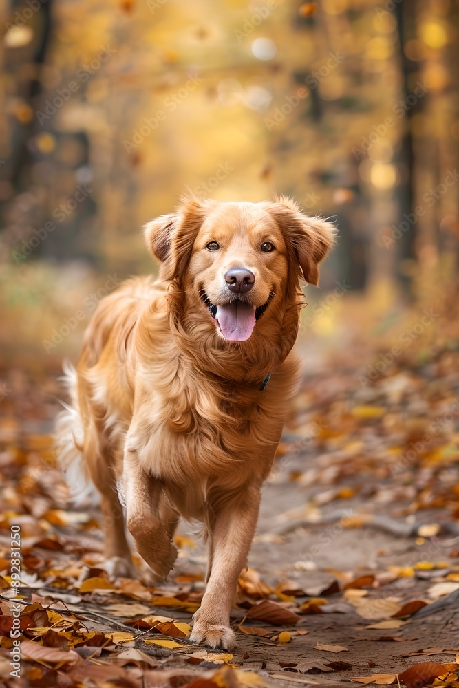 Golden retriever walking on forest path. Adorable puppy in the park. Fall and autumn season concept. Active pet in nature. Banner, poster Golden retriever walking on forest path. Adorable puppy in the park. Fall and autumn season concept. Active pet in nature. Banner, poster