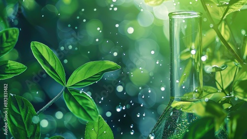 Test tube among green leaves with sparkling light effects photo