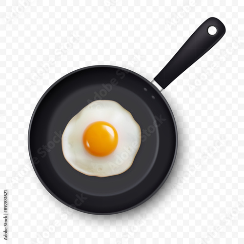 Vector 3d Realistic Fried Egg in the Frying Pan, Closeup Isolated in Top View. Design Template of Scrambled Eggs, Fried Egg, Omelette. Delicious Breakfast, Food, Culinary Concept