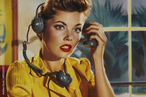 Retro styled woman in a yellow blouse communicates using a vintage telephone headset